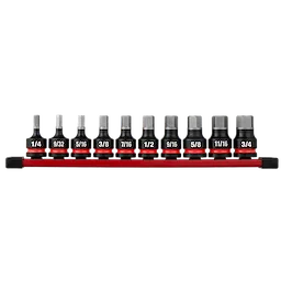 10PC SHOCKWAVE Impact Duty 1/2" Drive 2" Hex SAE Bit Socket Set arranged on a red rail in a row.