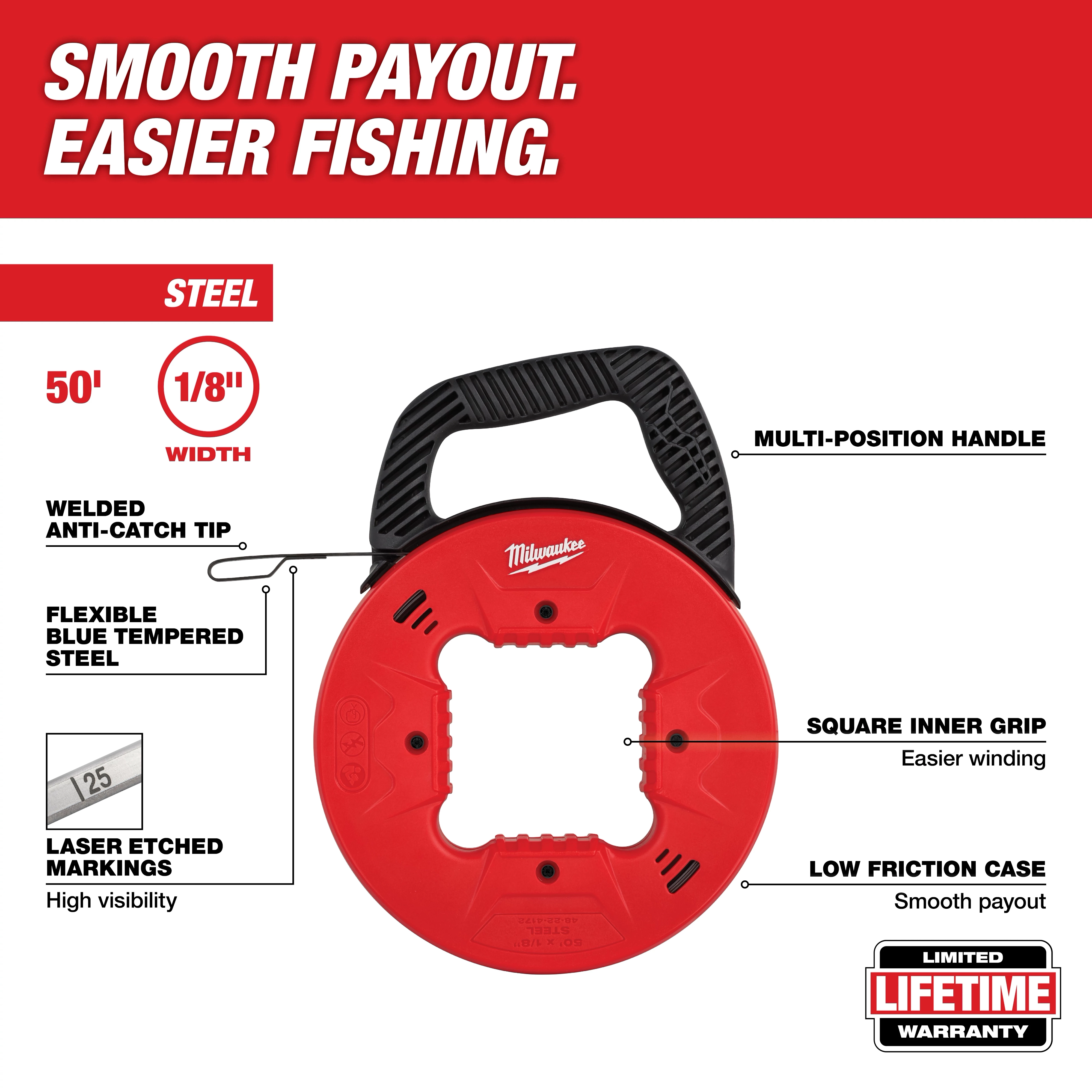Red 50' 1/8" STEEL FISH TAPE with multi-position handle, welded anti-catch tip, flexible blue tempered steel, and low friction case.
