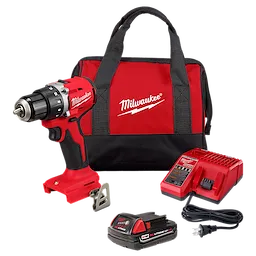 Milwaukee M18 Compact Brushless 1/2" Drill/Driver kit includes a drill, battery, charger, and red carrying bag.