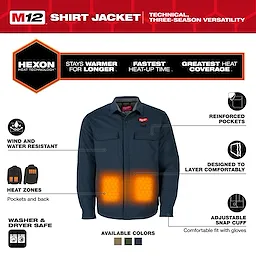 M12 Shirt Jacket - Navy S to 3X shown front-facing with highlighted heat zones and feature icons around it.