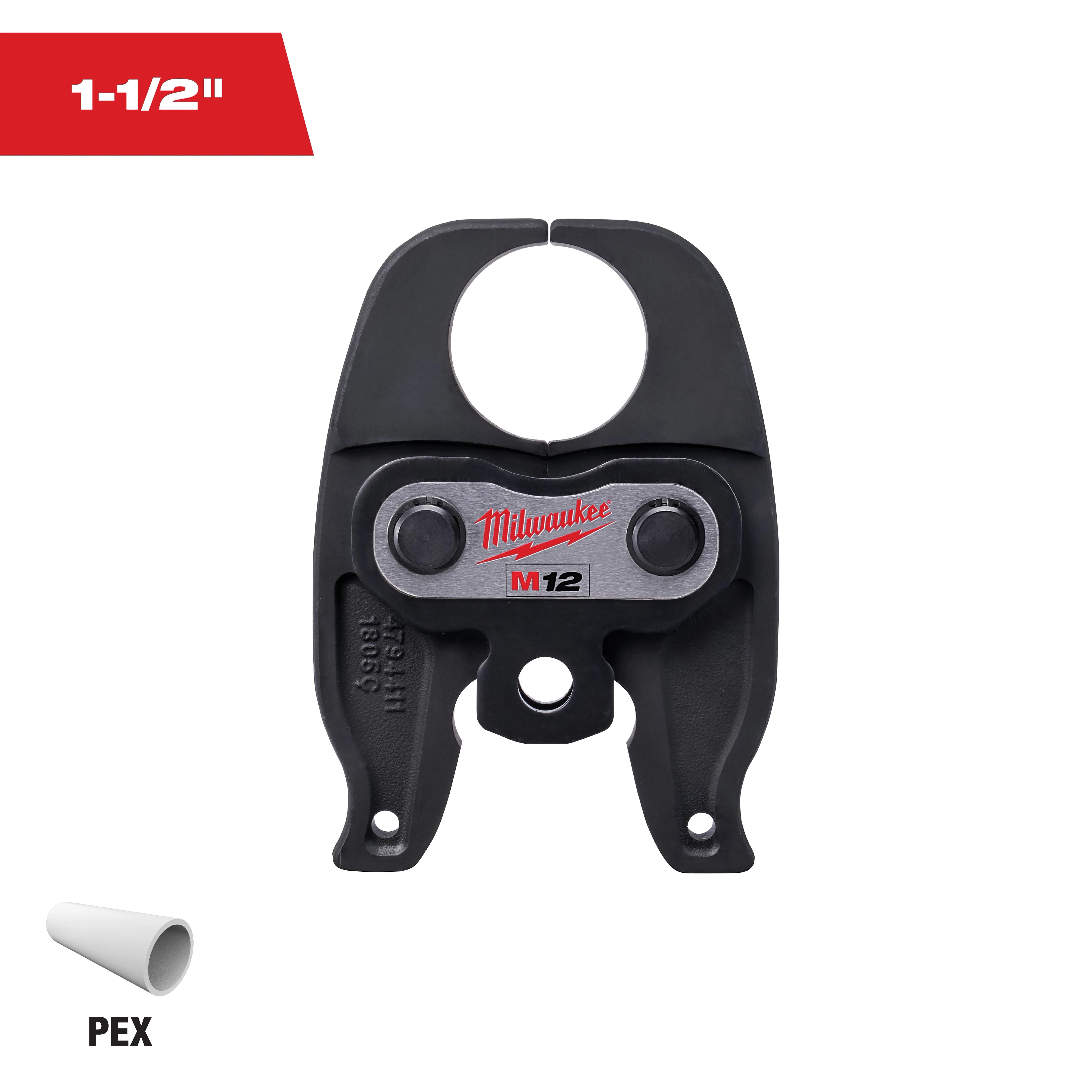 The image shows a Milwaukee M12 1-1/2” PEX pipe cutter head. The tool has a circular opening and metal construction, suitable for cutting PEX pipes. It features the Milwaukee logo and the model designation "M12" marked on the front. A small image of a PEX pipe is in the bottom left corner.