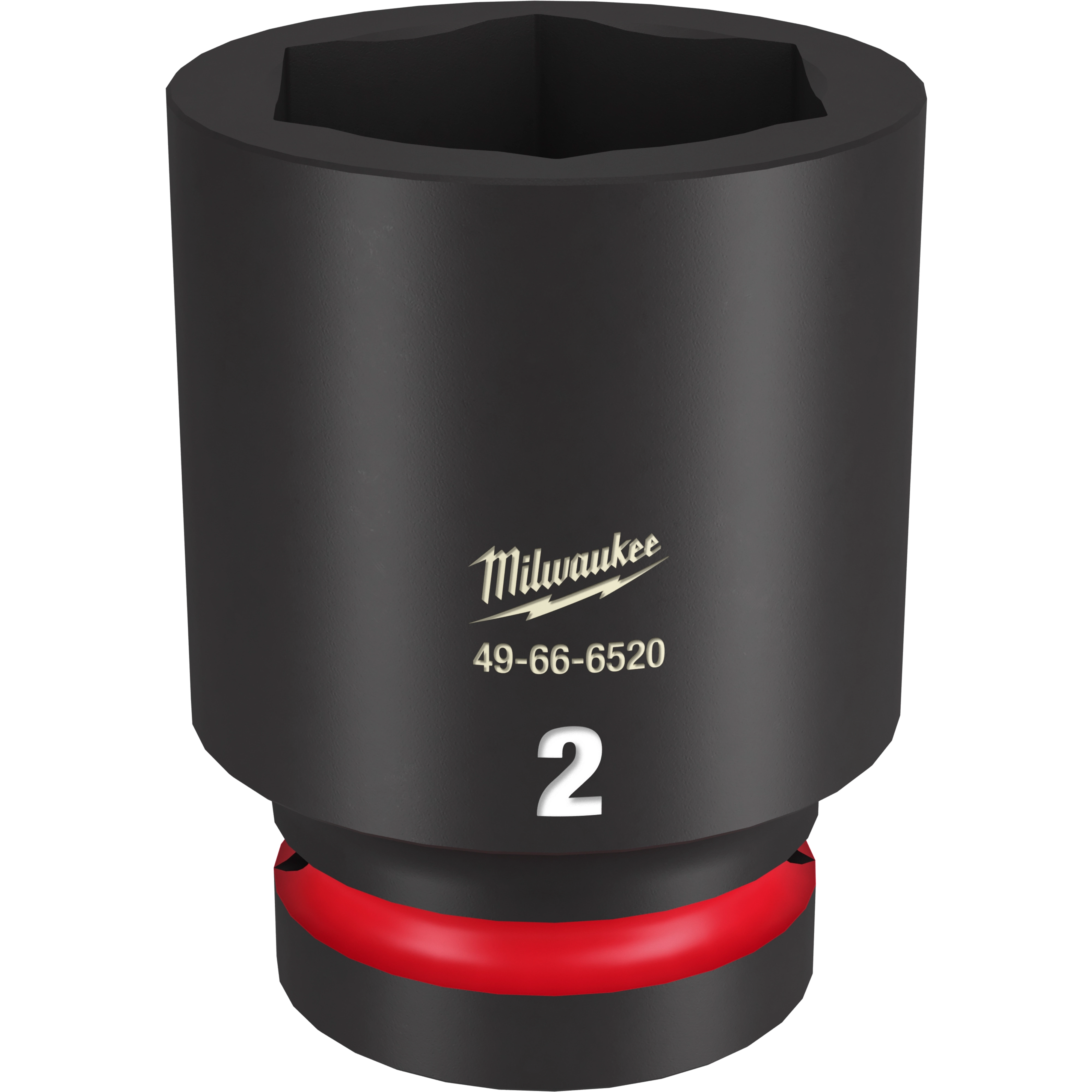 1" DR 2" Deep Impact Socket by Milwaukee with model number 49-66-6520, featuring a black finish and red accent near the base.