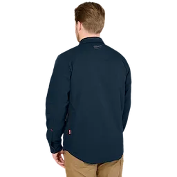 M12 Shirt Jacket in navy blue, shown from the back. The wearer has short hair and the jacket features a logo near the collar.