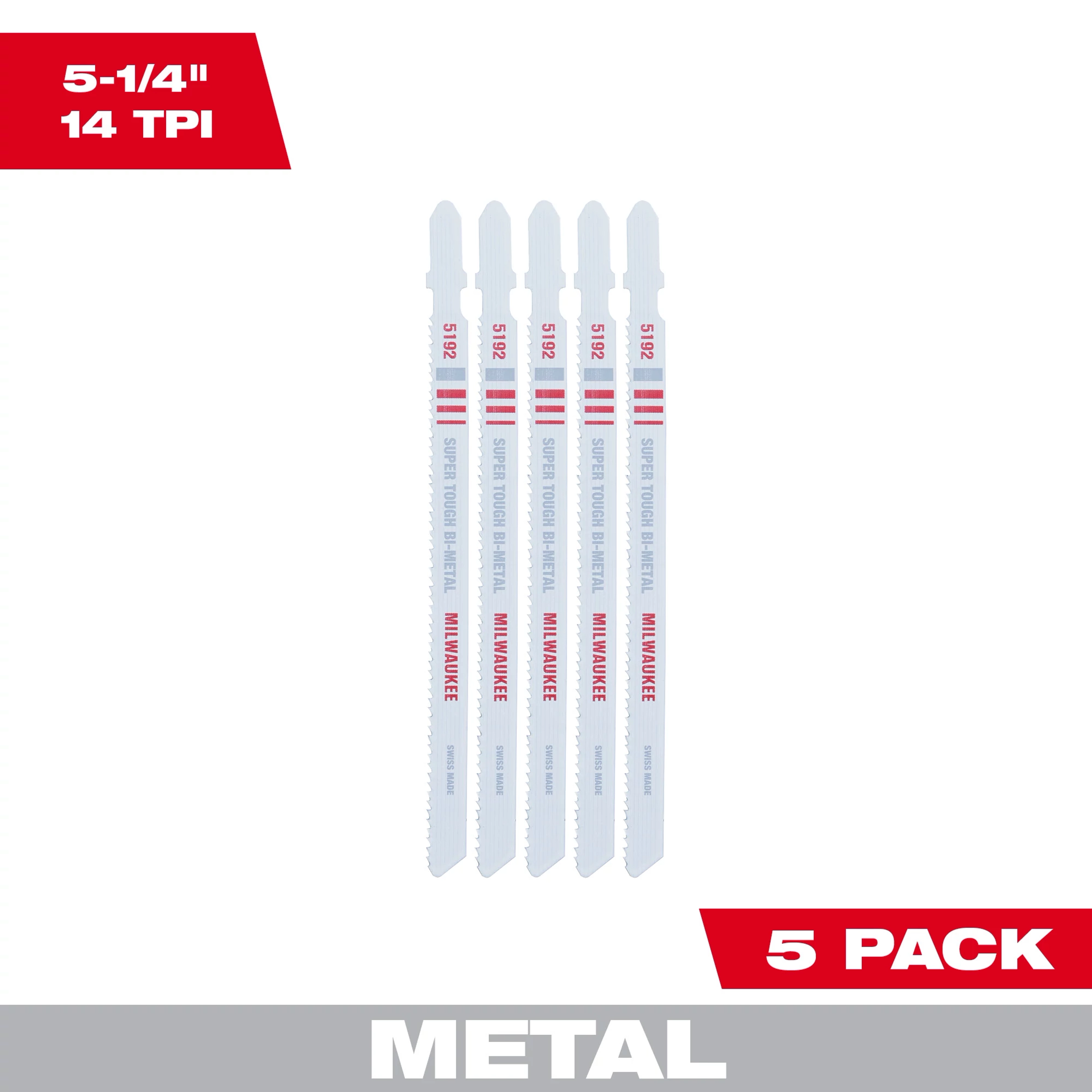 5-1/4" 14TPI T-Shank Metal Cutting Bi-Metal Jig Saw Blades 5PK in white with red stripes, arranged vertically.