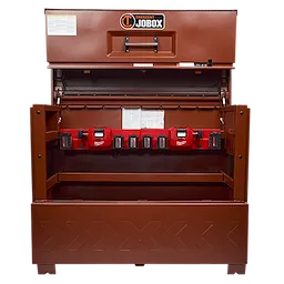 The image features the M18™ and M12™ Gangbox Rapid Charger installed inside a large brown tool chest labeled "Crescent JOBOX." The charger is equipped with six charging slots for batteries, with two red units visible in the middle.