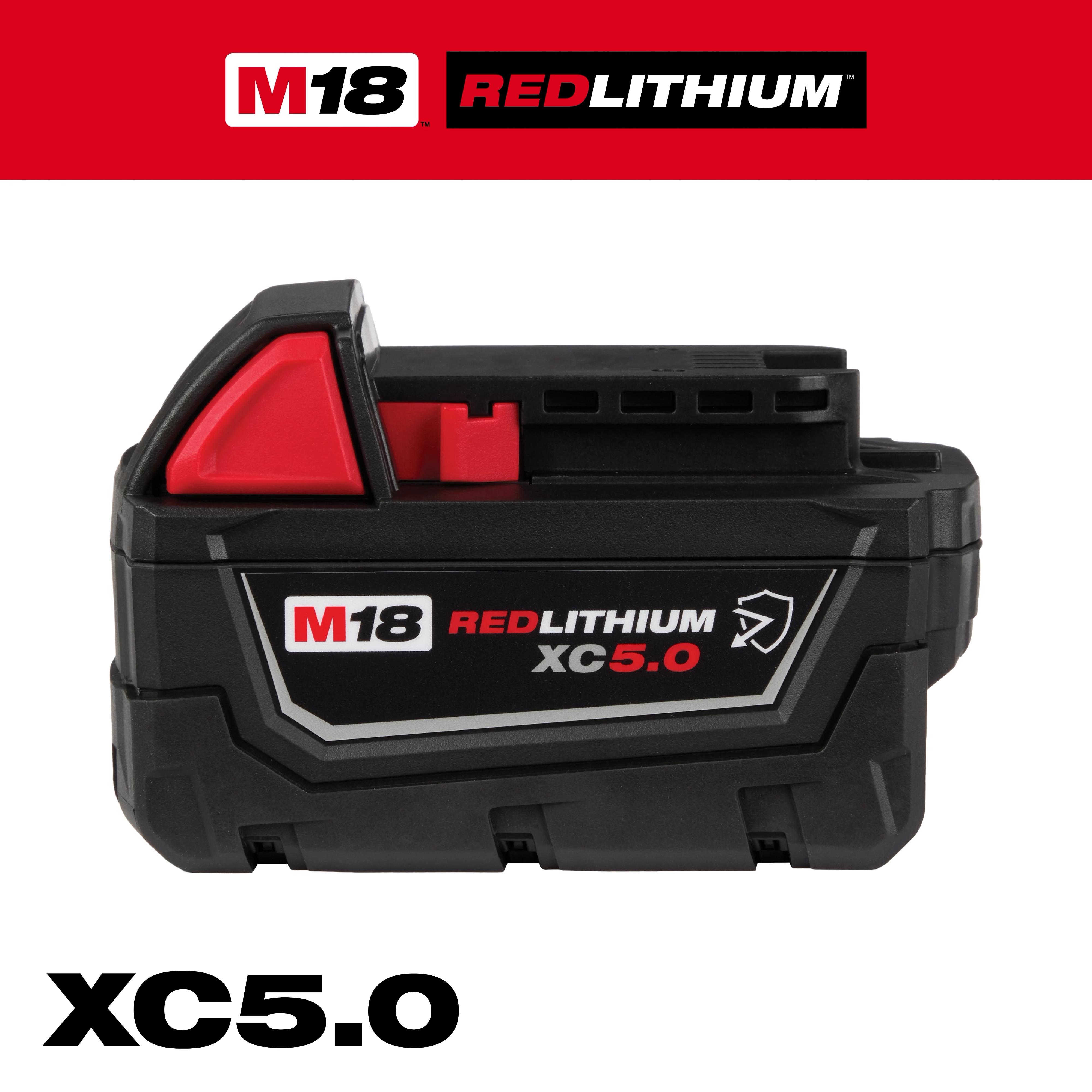 M18 REDLITHIUM XC5.0 RES BATTERY is a black, compact battery with a red release clip. It features the M18 branding and "REDLITHIUM XC5.0" on the side. The battery is designed for high performance and extended run time in Milwaukee power tools.
