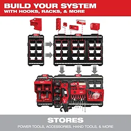 Hover Image shows a modular tool storage system with hooks, racks, and other attachments for organizing power tools and accessories.