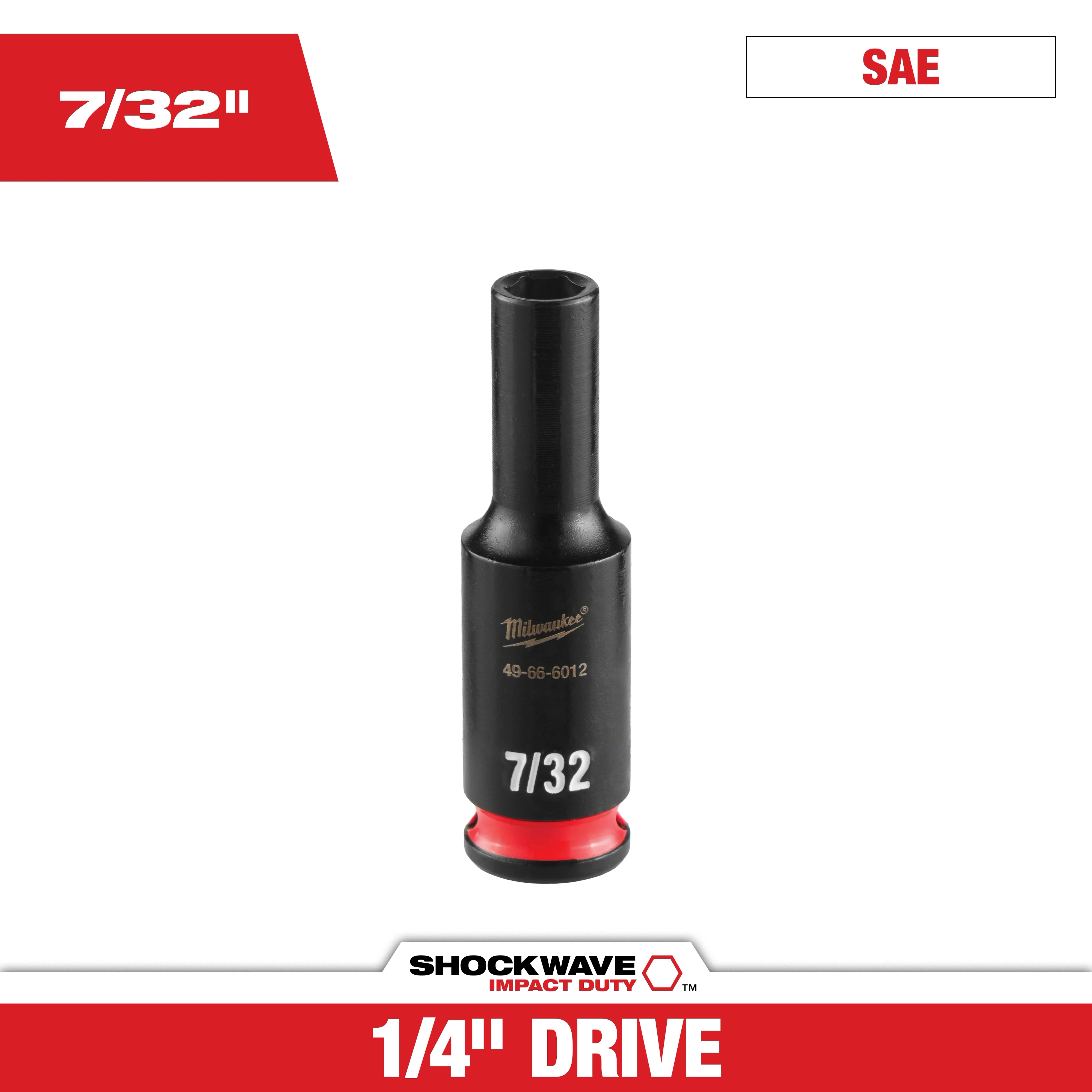 SHOCKWAVE Impact Duty 1/4" Drive 7/32" Deep 6 Point Socket standing upright on a white background.