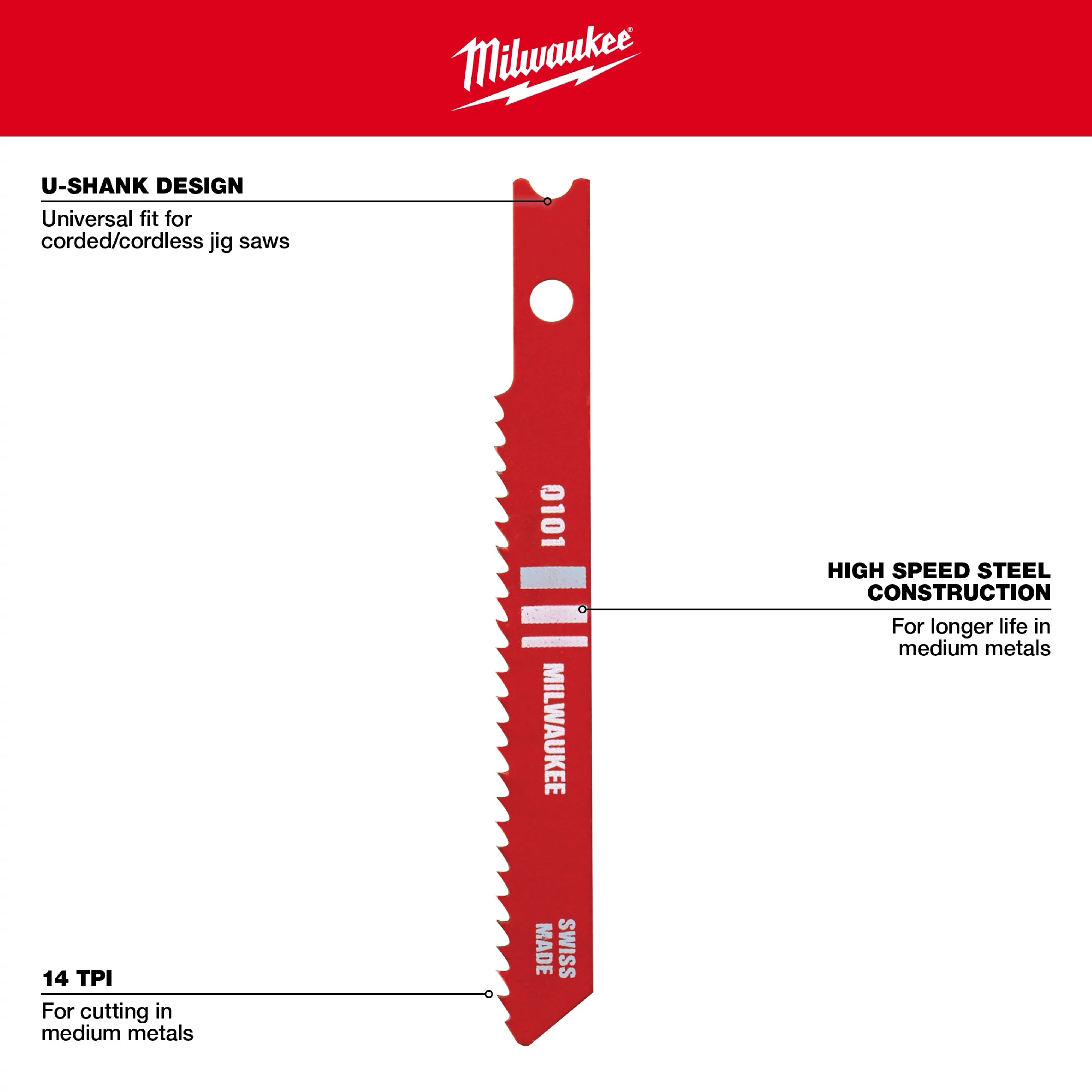 2-3/4" 14TPI U-Shank Metal High Speed Steel Jig Saw Blades 5PK. Red jig saw blade with universal U-shank, high speed steel, and 14 TPI.