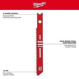 2-3/4" 14TPI U-Shank Metal High Speed Steel Jig Saw Blades 5PK. Red jig saw blade with universal U-shank, high speed steel, and 14 TPI.