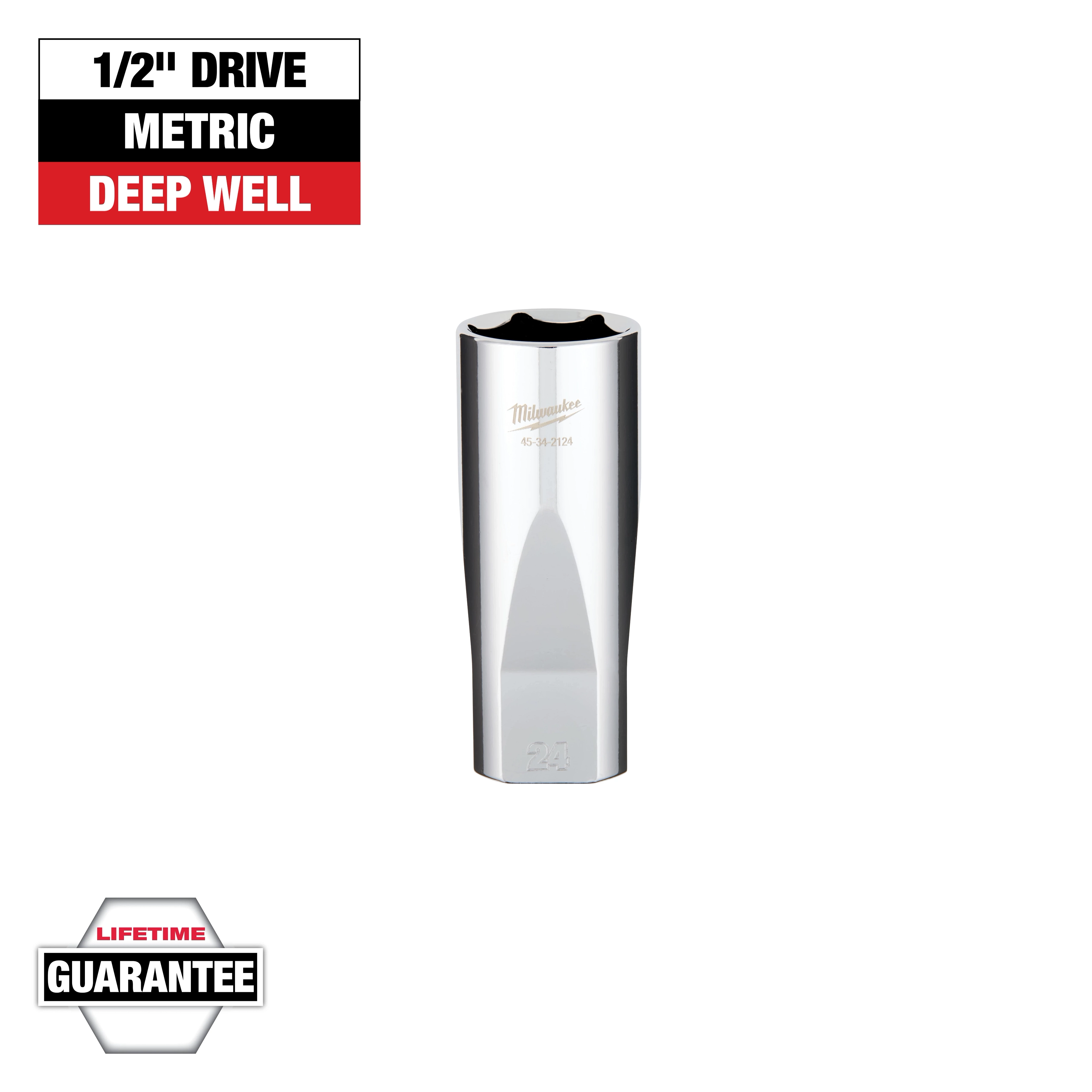 A silver Milwaukee 24mm deep well socket is shown with "1/2" Drive Metric Deep Well" written above it and a "Lifetime Guarantee" badge below it.