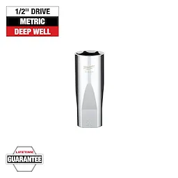 A silver Milwaukee 24mm deep well socket is shown with "1/2" Drive Metric Deep Well" written above it and a "Lifetime Guarantee" badge below it.