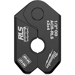 The 1/2" RLS® Pivoting Press Ring is a black, heavy-duty tool used for pressing connections. It features a pivoting design and markings indicating it fits 1/2" OD ACR-RLS pipes, with M18 compatibility. The product includes white text branding from RLS and Milwaukee.