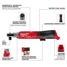 Milwaukee M12 FUEL™ 1/2" Ratchet features a brushless motor with 80 ft-lbs of torque and 300 RPM. It includes a contoured comfort grip, raised forward/reverse shuttle, targeted LED work light, battery fuel gauge, modular trigger, 1/2" drive anvil, and battery isolator for secure connection.