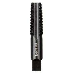 The 1/4"-18 NPT Straight Flute Taper Tap is a black metal tool with straight flutes for threading. The tap features engraved markings indicating its size. The tool is used for creating internal threads in pipes and fittings, designed for durability in industrial applications.