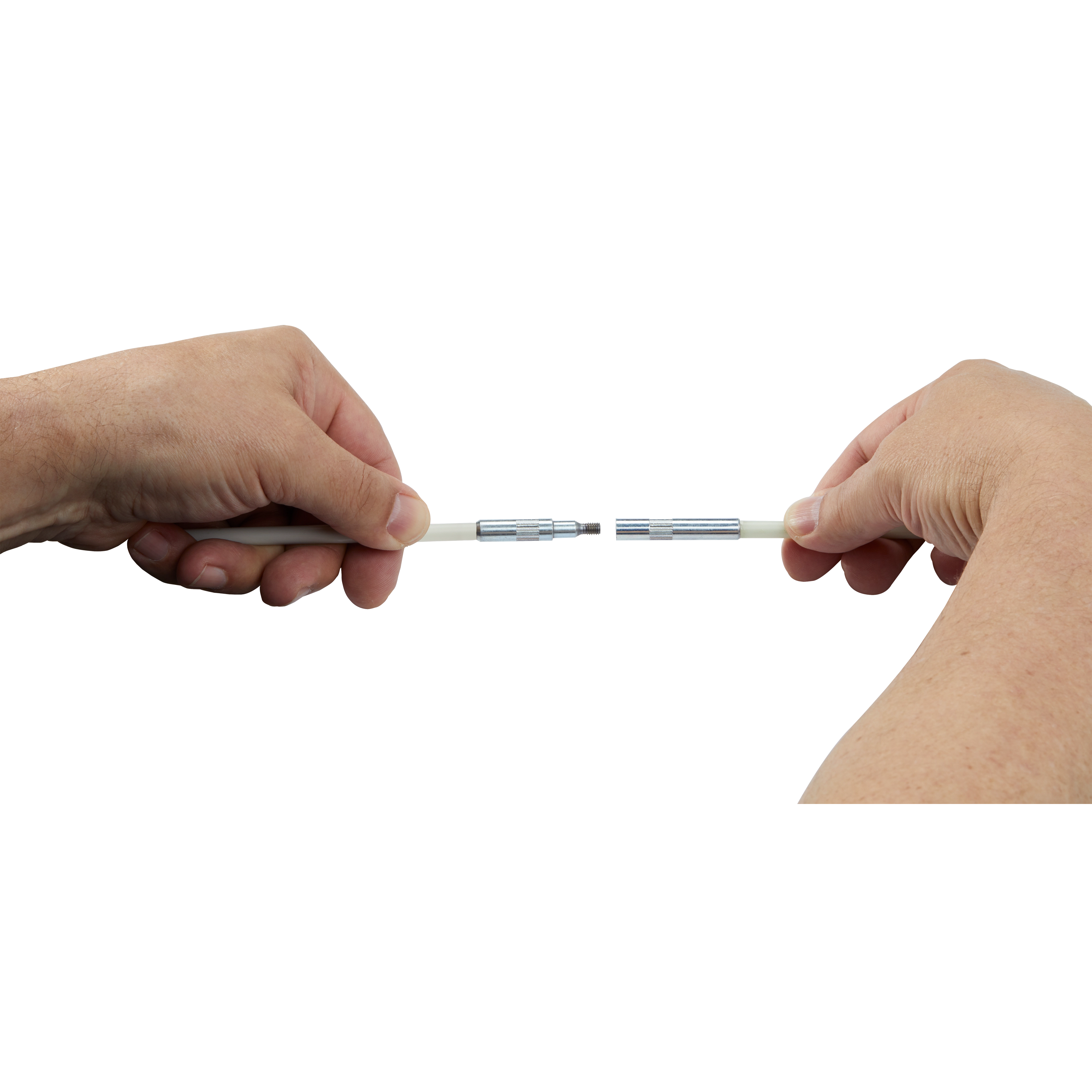 Hands connecting two sections of a 5 Foot Mid Flex Fish Stick using a metal coupling.