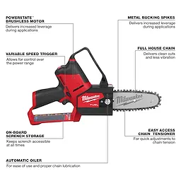 Milwaukee's M12 FUEL HATCHET 6" Pruning Saw features a brushless motor, variable speed trigger, metal bucking spikes, and easy chain tensioner.