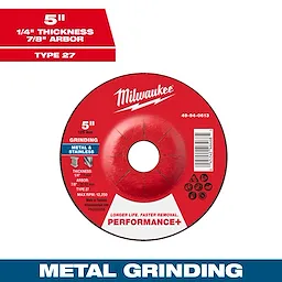 5" x 1/4" x 7/8" Performance+ Metal Grinding Wheel - Type 27 for grinding metal and stainless steel, with a red center.