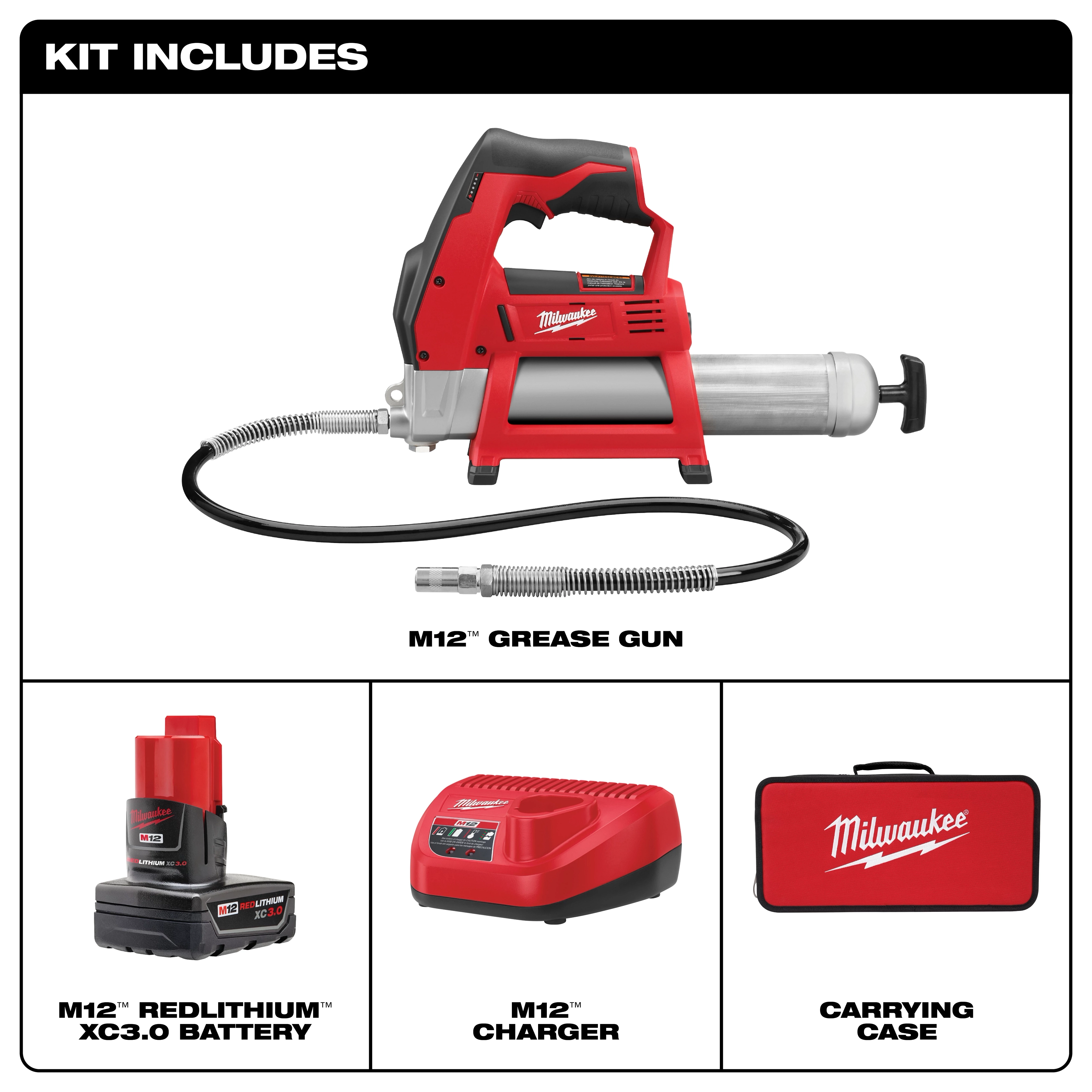 M12 12-Volt Lithium-Ion Cordless Grease Gun Kit includes a grease gun, 3.0 Ah battery, charger, and tool bag.
