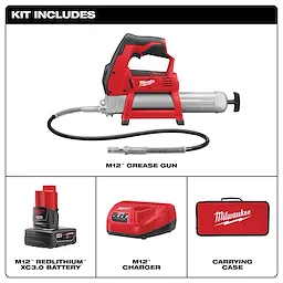 M12 12-Volt Lithium-Ion Cordless Grease Gun Kit includes a grease gun, 3.0 Ah battery, charger, and tool bag.
