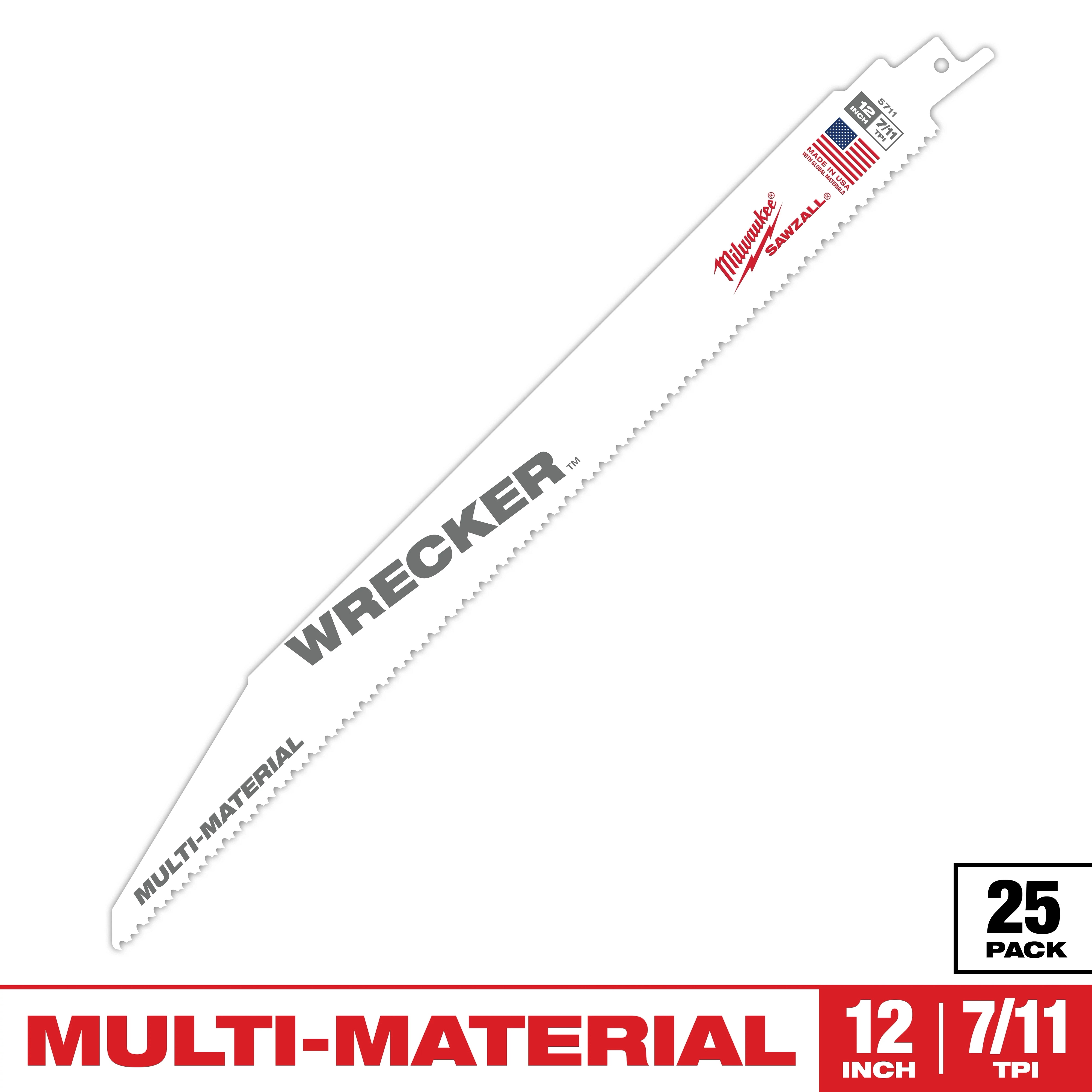 Sawzall Bi-Metal Carbide Primary Images displays a 12-inch multi-material saw blade with 7/11 teeth per inch. The blade features "WRECKER" and "MULTI-MATERIAL" labels, and is made in the USA. It is sold in a pack of 25.