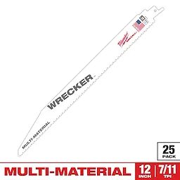 Sawzall Bi-Metal Carbide Primary Images displays a 12-inch multi-material saw blade with 7/11 teeth per inch. The blade features "WRECKER" and "MULTI-MATERIAL" labels, and is made in the USA. It is sold in a pack of 25.
