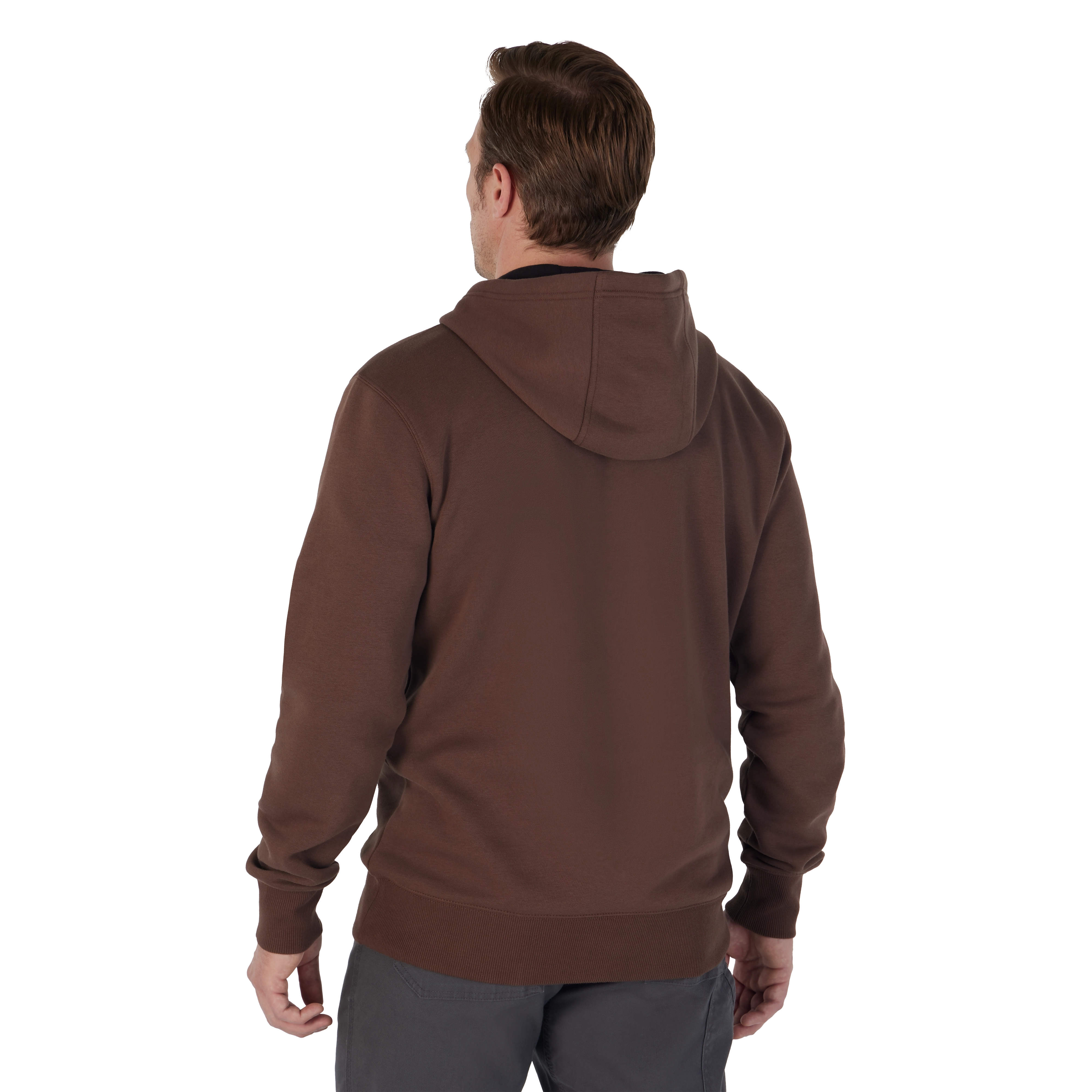 Man wearing the brown midweight pullover hoodie