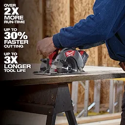A person is using a circular saw from the M18 FUEL 7-Tool Combo Kit to cut wood. The image includes text stating "Over 2x more run-time," "Up to 30% faster cutting," and "Up to 3x longer tool life."