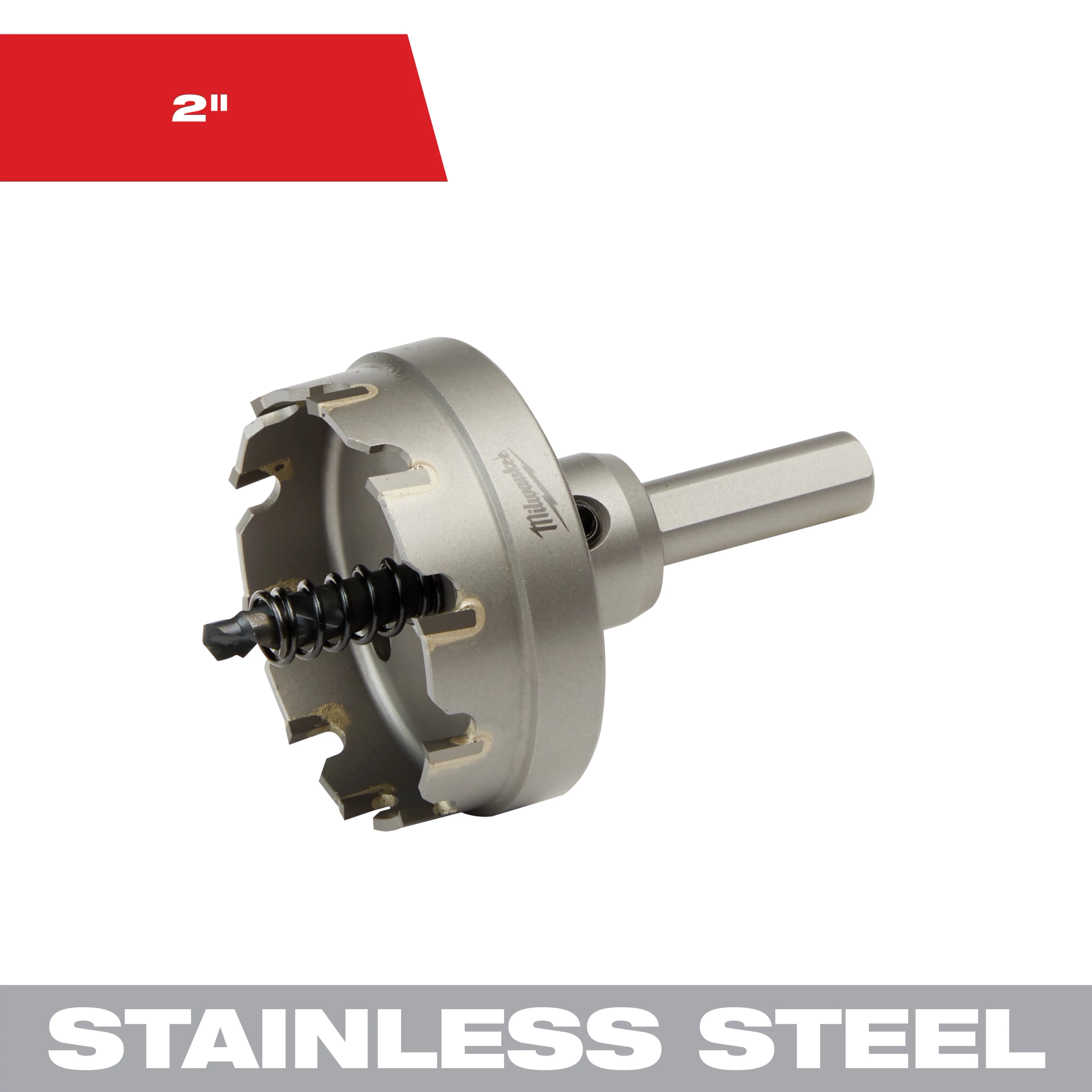 2 in. Carbide Hole Cutter (1-Pack) made from stainless steel; features a carbide-tipped cutting edge and a hexagonal shank.