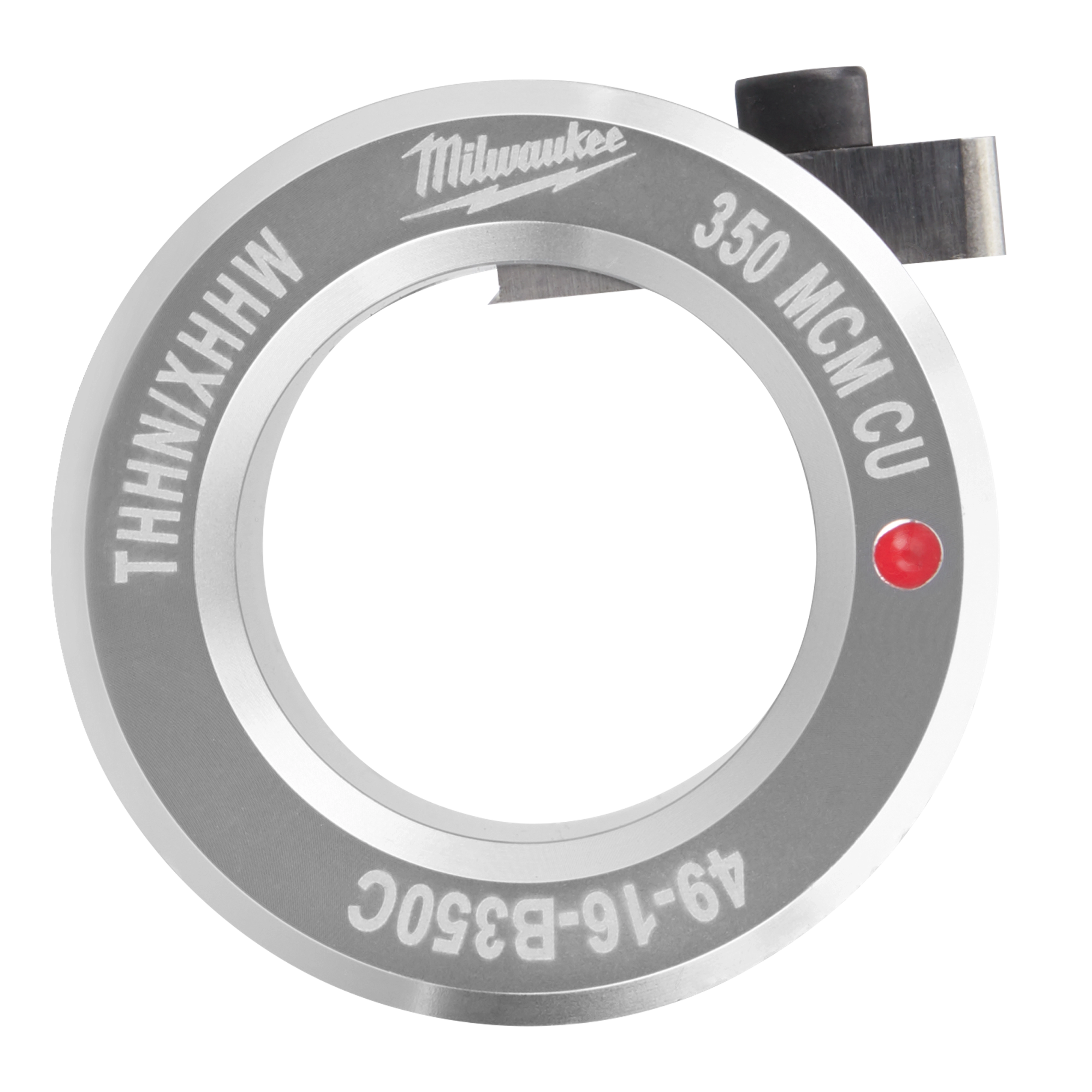 Milwaukee 350 MCM CU crimping die with the code "49-16-B350C" and a red indicator dot, designed for THHNXHHW wire.
