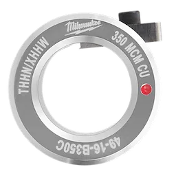 Milwaukee 350 MCM CU crimping die with the code "49-16-B350C" and a red indicator dot, designed for THHNXHHW wire.
