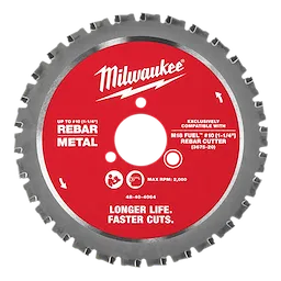 The image shows a Milwaukee® #10 (1-1/4”) Rebar Cutting Blade with a red center and metal edges featuring teeth. The blade is labeled for rebar metal, compatible with M18 FUEL™ #10 (1-1/4”) Rebar Cutter, and optimized for longer life and faster cuts. Maximum RPM: 2000.