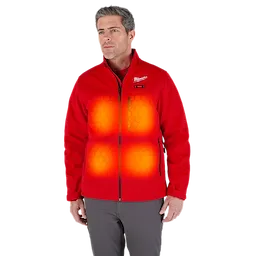 Person wearing the red M12 Heated TOUGHSHELL Jacket, highlighting inner heating zones with glowing hexagon patterns.