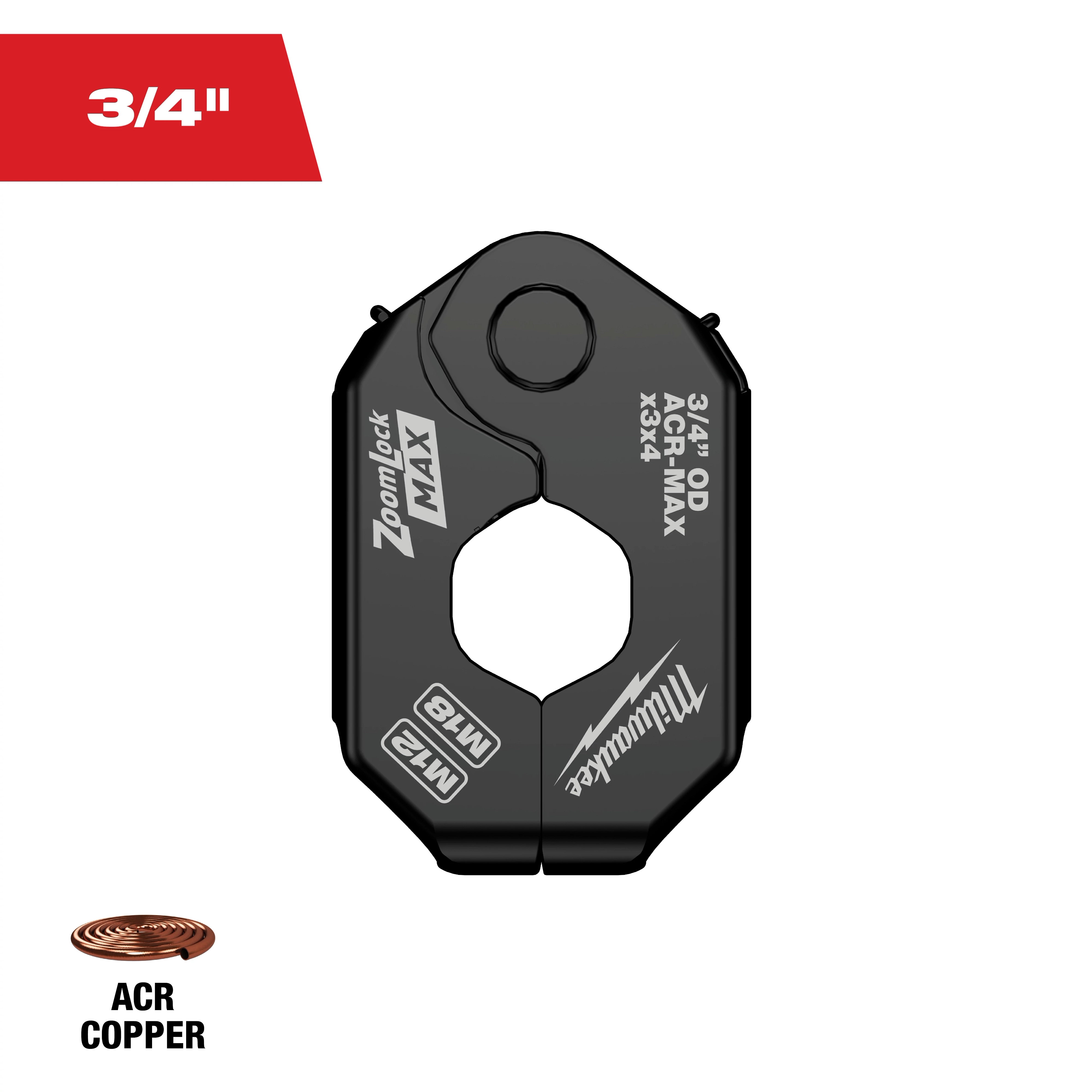 The image displays a 3/4" ZoomLock MAX® MaxiPro® Pivoting Press Ring, designed for ACR copper connections. The tool is black with various specifications printed on it.