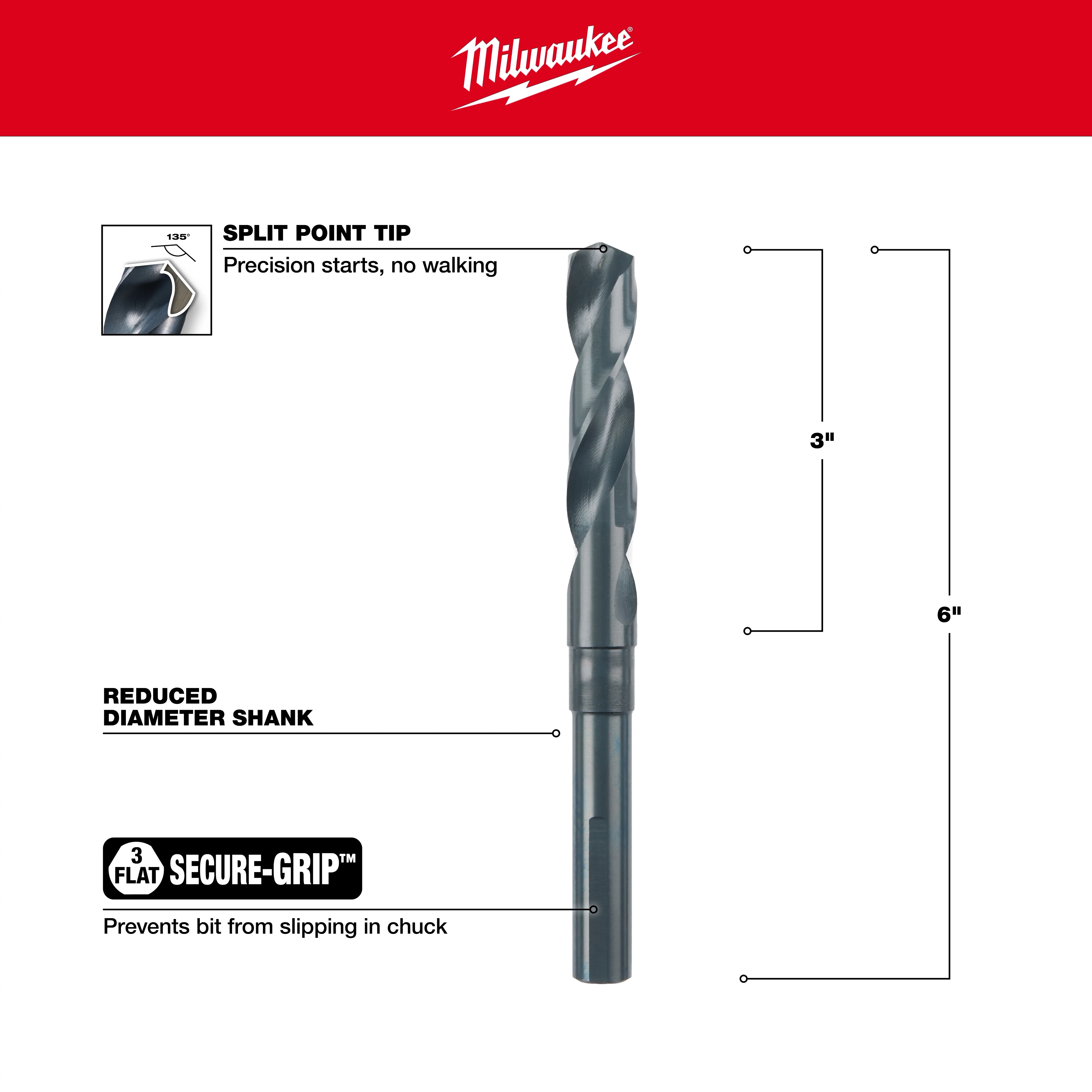 Milwaukee 48-89-2741 Walkaround 3-Flat Secure-Grip drill bit with a split point tip, 6-inch length, and reduced diameter shank.
