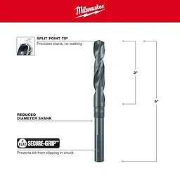 Milwaukee 48-89-2741 Walkaround 3-Flat Secure-Grip drill bit with a split point tip, 6-inch length, and reduced diameter shank.