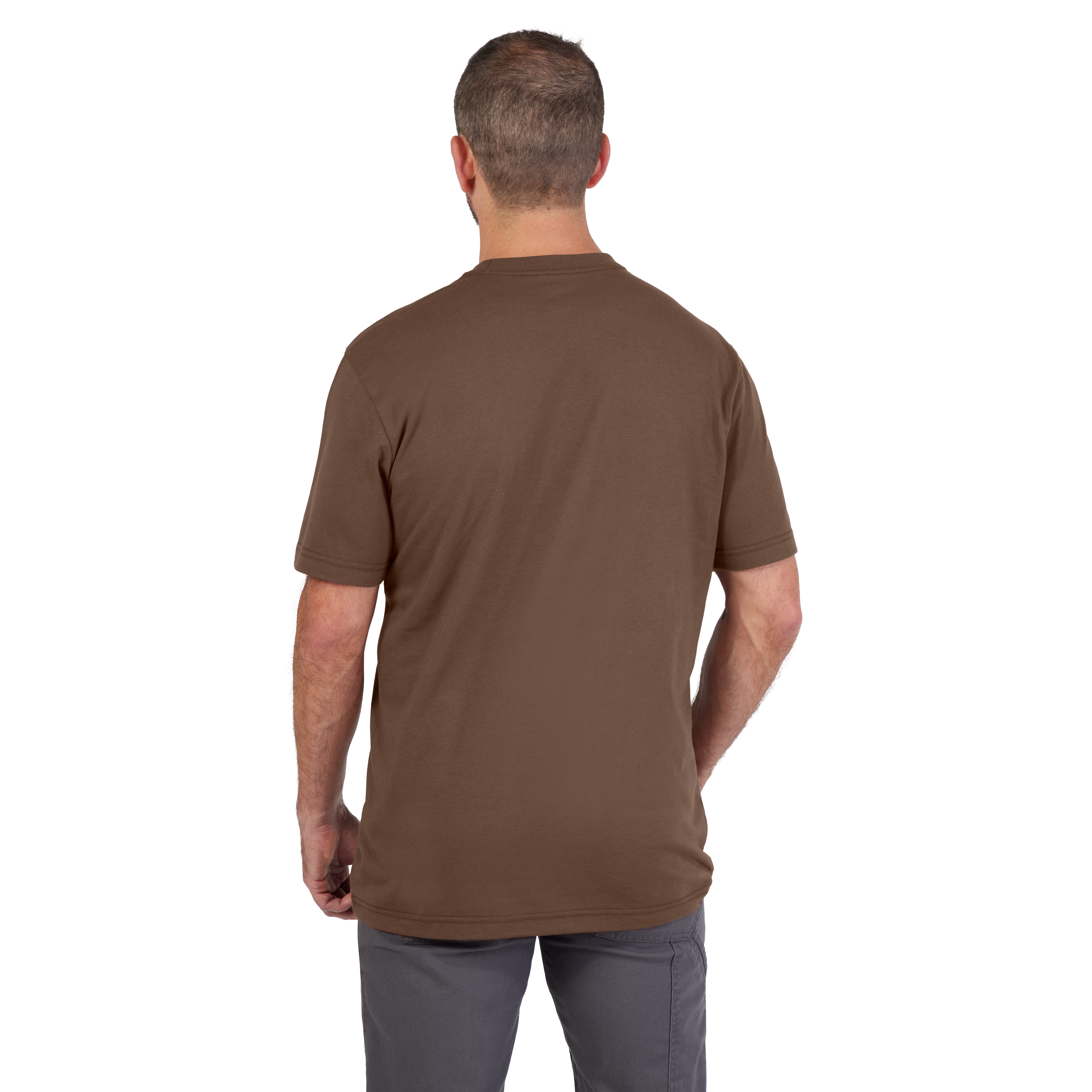 Man wearing Heavy Duty Pocket T-Shirt - Brown, viewed from the back. The t-shirt is plain brown and has a standard fit.