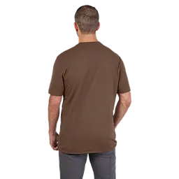 Man wearing Heavy Duty Pocket T-Shirt - Brown, viewed from the back. The t-shirt is plain brown and has a standard fit.