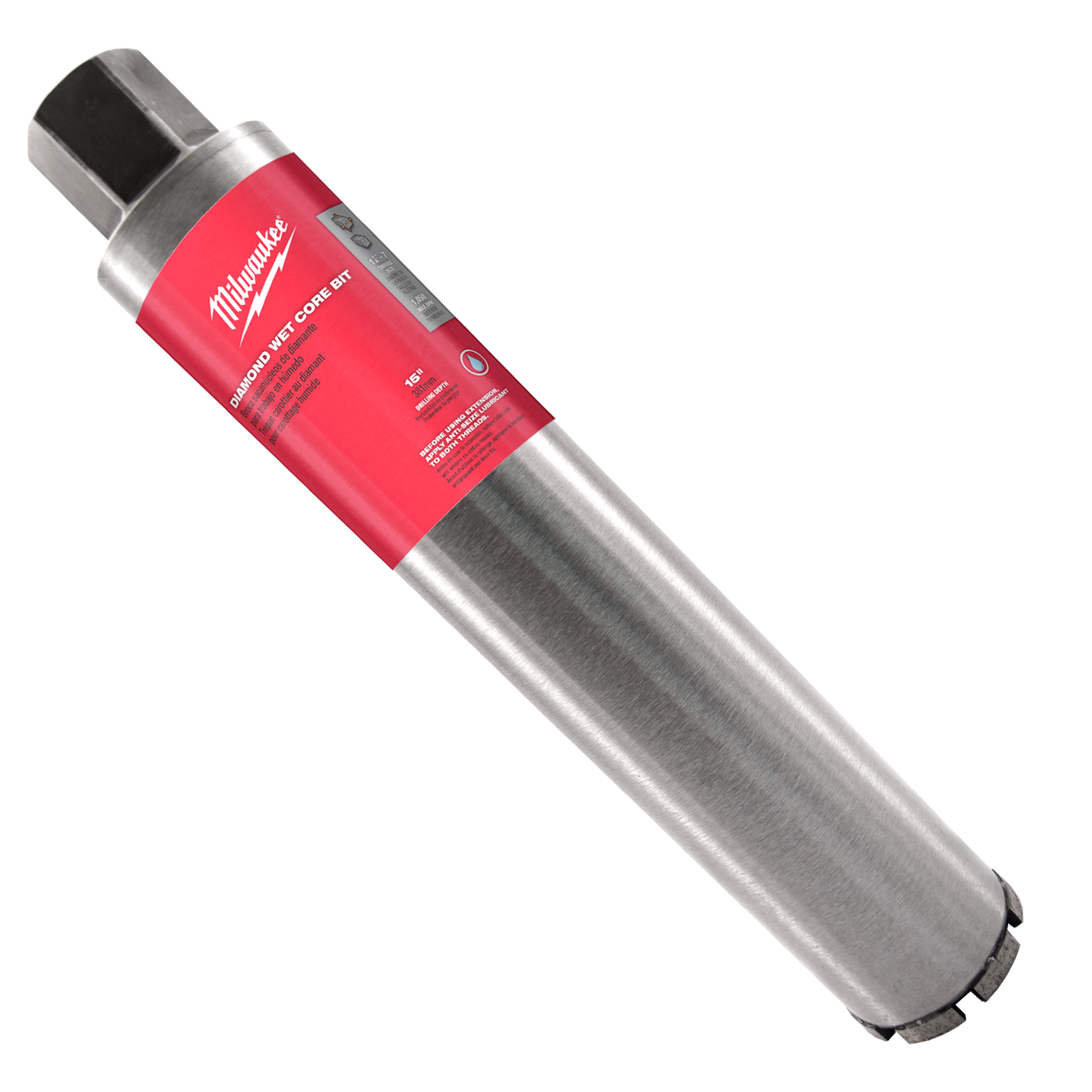 DIAMOND WET CORE BIT Block Shot has a silver cylindrical body and a red label displaying the product name and specifications.