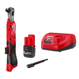 M12 FUEL™ 1/2" Ratchet Kit includes a red and black cordless ratchet, a rechargeable REDLITHIUM™ battery, a compact charger, and a metal extension bar. The kit is designed for efficient fastening applications.