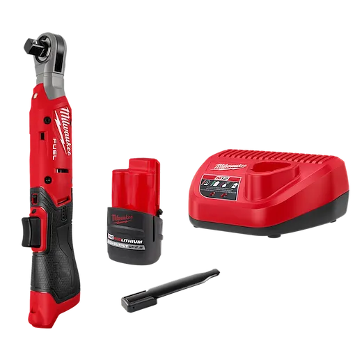M12 FUEL™ 1/2" Ratchet Kit includes a red and black cordless ratchet, a rechargeable REDLITHIUM™ battery, a compact charger, and a metal extension bar. The kit is designed for efficient fastening applications.