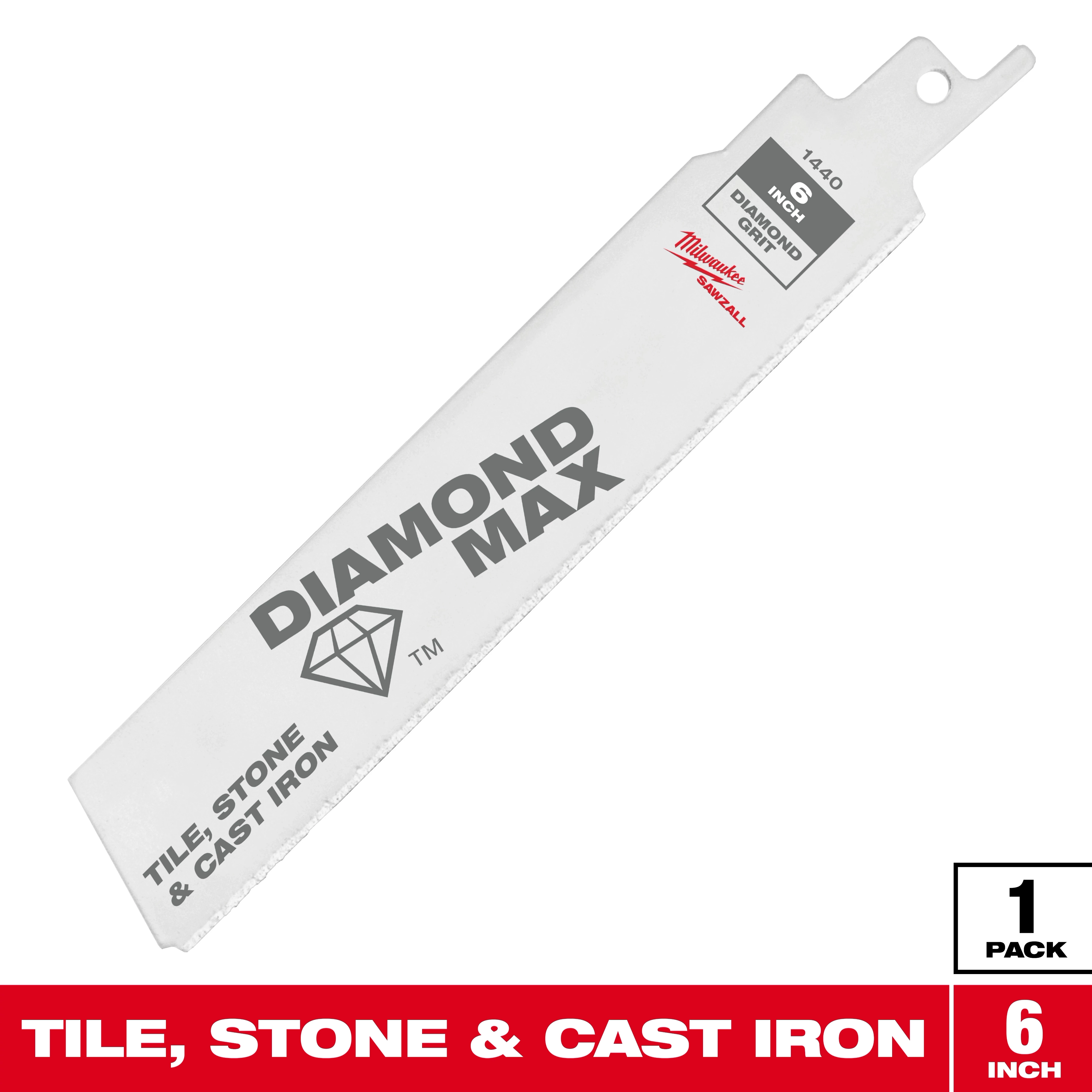 Milwaukee Diamond Max is a 6-inch saw blade designed for cutting tile, stone, and cast iron. The packaging shows "Diamond Max" written in large letters with an included diamond symbol and also emphasizes it is a single pack product.