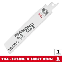 Milwaukee Diamond Max is a 6-inch saw blade designed for cutting tile, stone, and cast iron. The packaging shows "Diamond Max" written in large letters with an included diamond symbol and also emphasizes it is a single pack product.