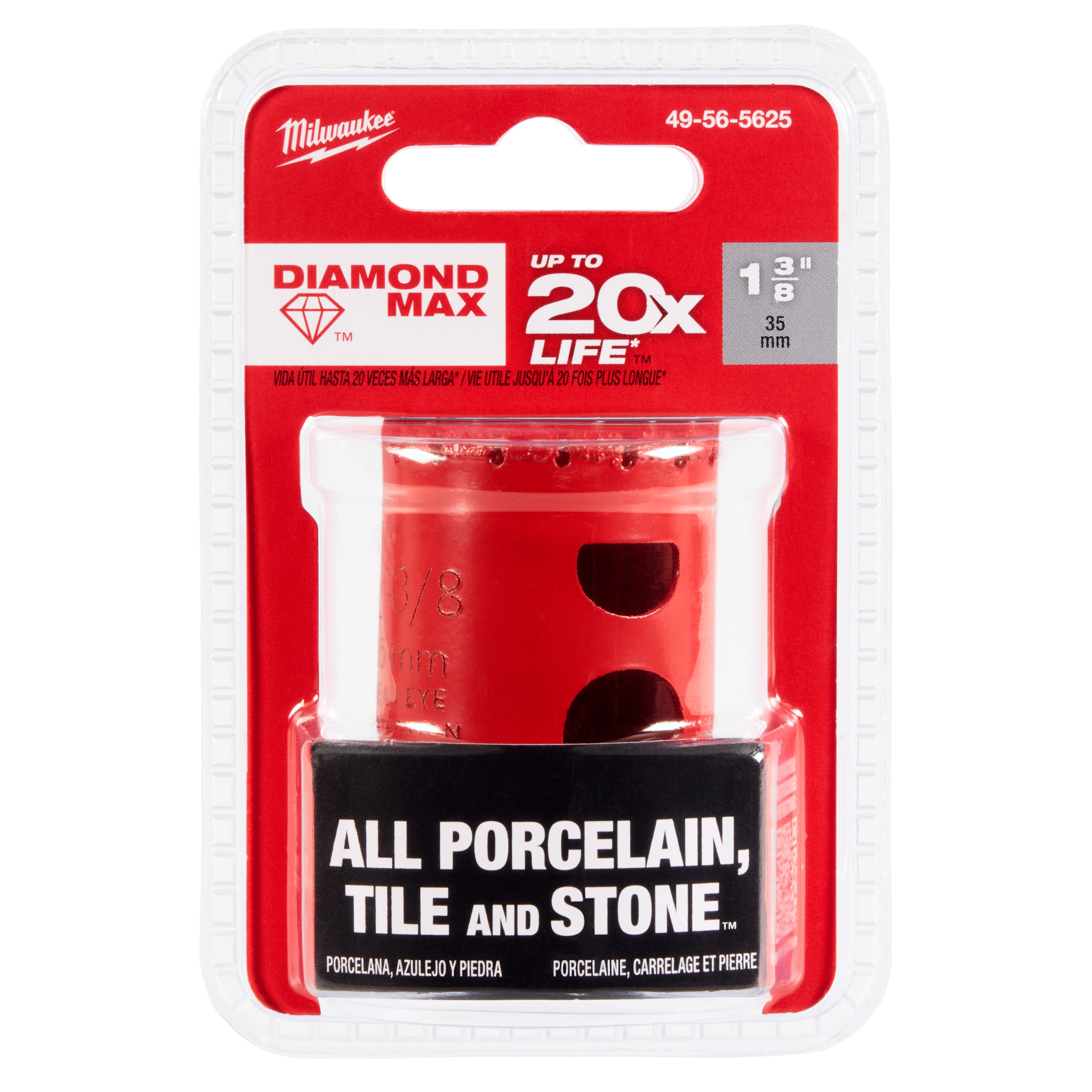 Milwaukee 1-3/8" Diamond Max Hole Saw packaged in red and white blister pack, designed for cutting porcelain, tile, and stone.