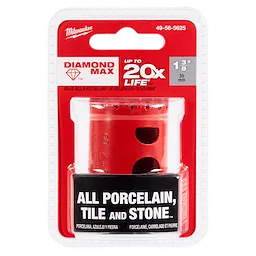 Milwaukee 1-3/8" Diamond Max Hole Saw packaged in red and white blister pack, designed for cutting porcelain, tile, and stone.