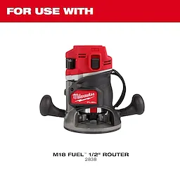 Red and black M18 FUEL 1/2" Plunge Base router with ergonomic handles, designed for use with related router products, model 2838.