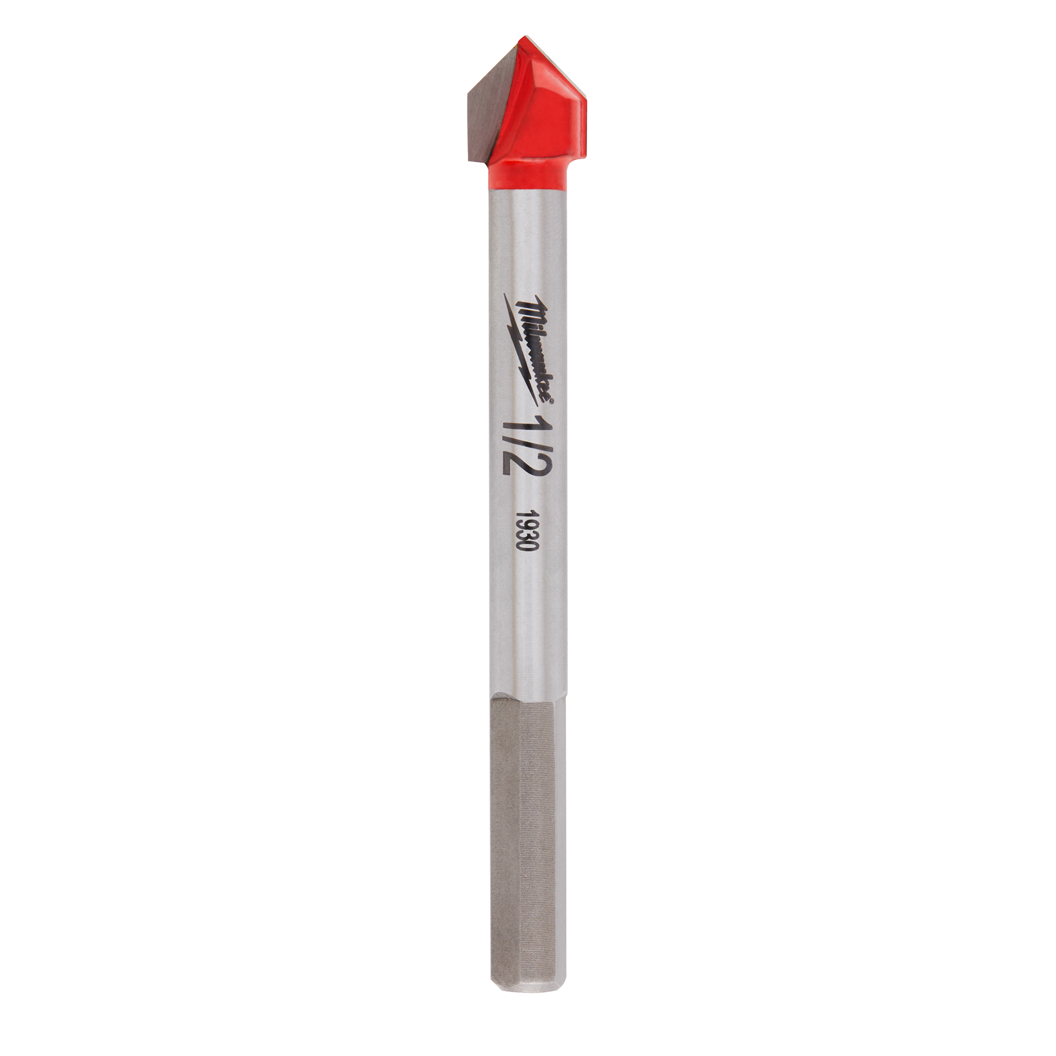 1/2" Glass and Tile Bit with a hex shank and a red carbide-tipped point for drilling through glass and tiles.
