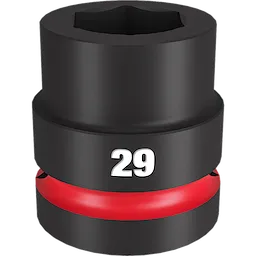 The 1" DR 29MM STD Impact Socket is a black, heavy-duty tool with a red band around its midsection. It features a hexagonal opening for bolts and the number 29 prominently displayed in white.