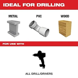 The Silver and Deming Drill Bit is ideal for drilling metal, PVC, and wood. Suitable for use with all drill/drivers, it offers versatile application across different materials. The image showcases a metal beam, PVC pipe fitting, and wood block, emphasizing the drill bit's compatibility with various substances.