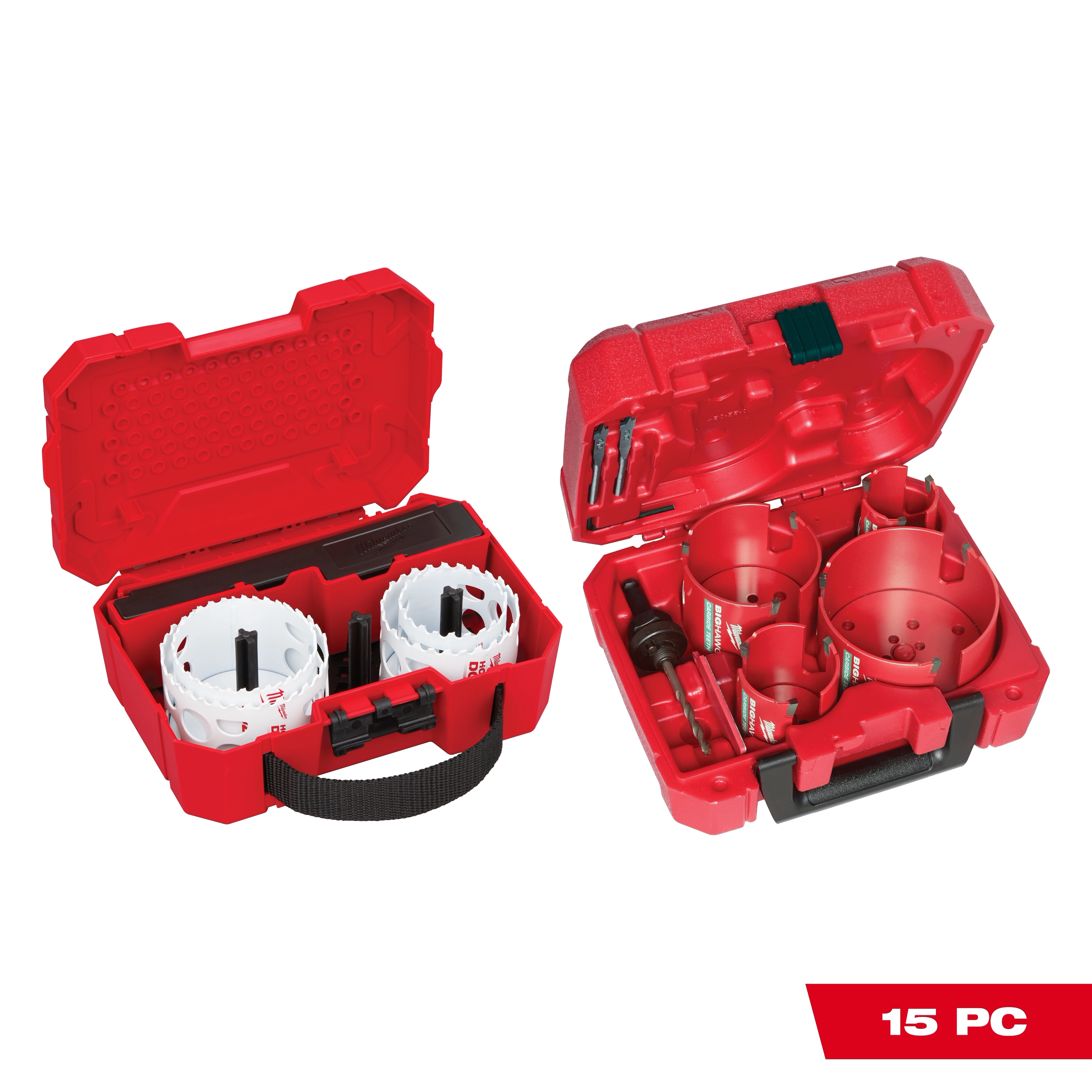 Hole Dozer Bi-Metal Hole Saw Kit with BIG HAWG Carbide Hole Saw Kit (15-Piece) in red plastic cases, displaying saw blades and accessories.